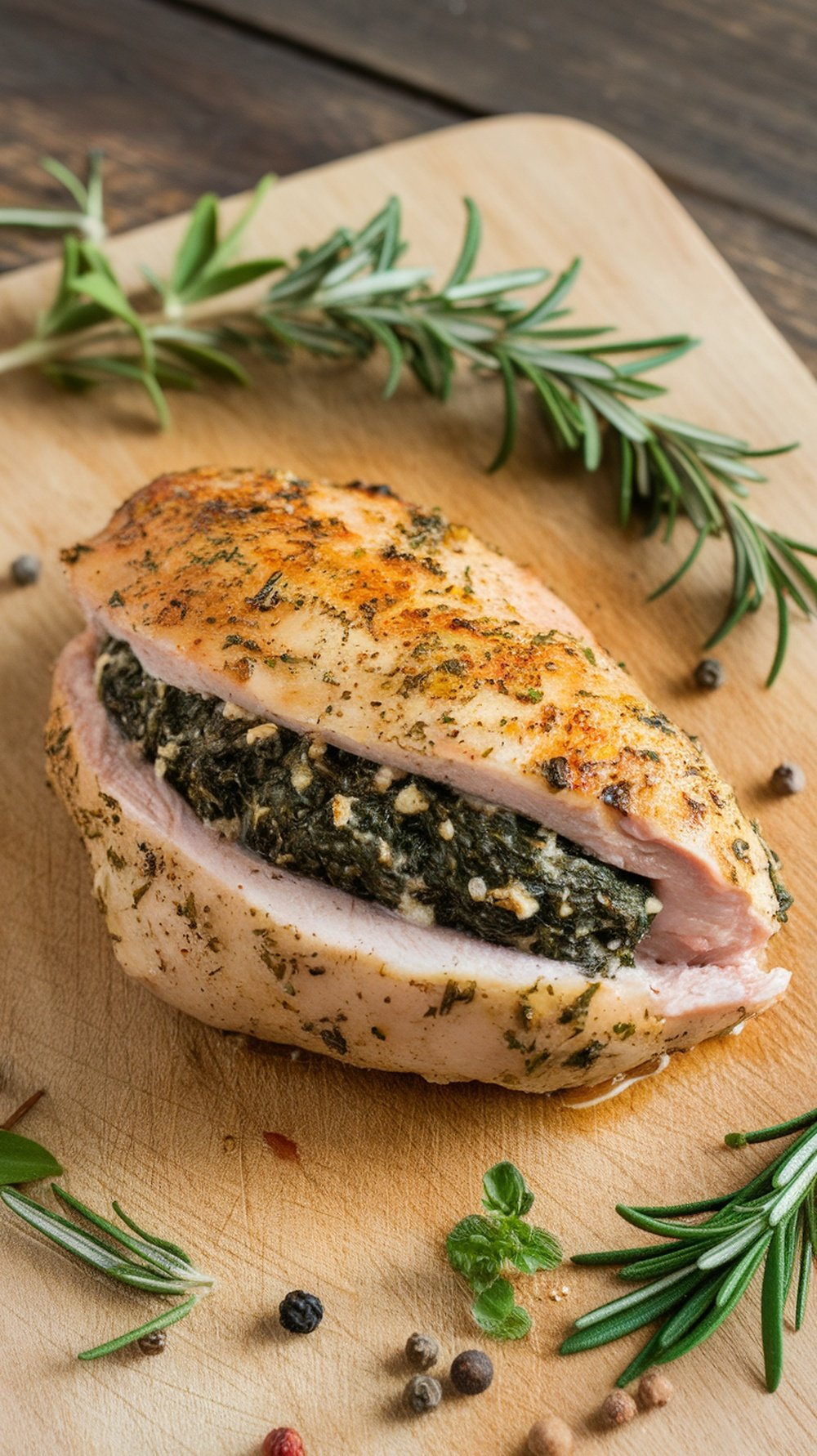 A stuffed chicken breast with spinach and feta on a wooden cutting board, garnished with herbs.