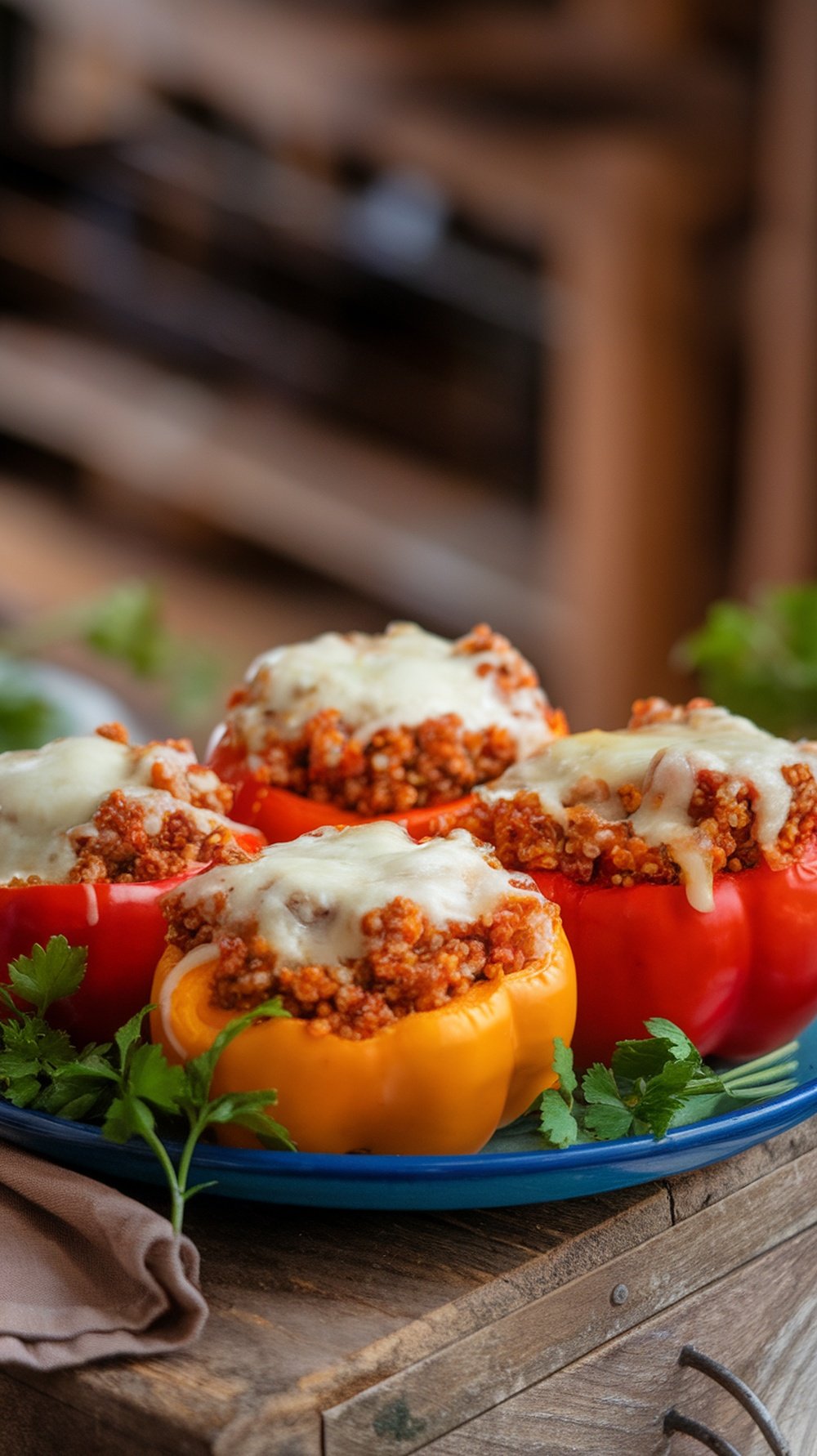 Colorful stuffed peppers filled with spicy turkey and quinoa, topped with melted cheese.