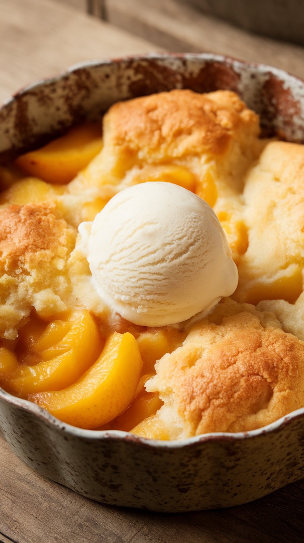 A bowl of peach cobbler with a buttery crust topped with a scoop of vanilla ice cream.