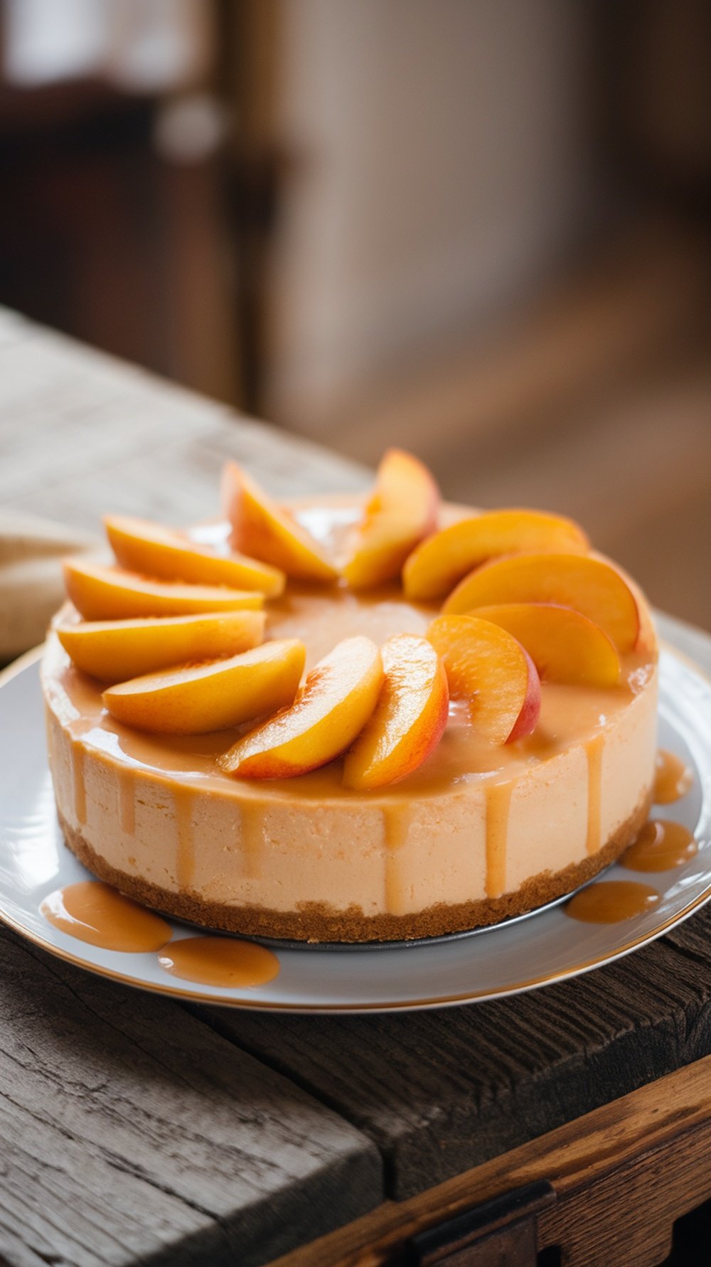 A slice of peach cheesecake topped with fresh peach slices and peach sauce on a rustic wooden table.