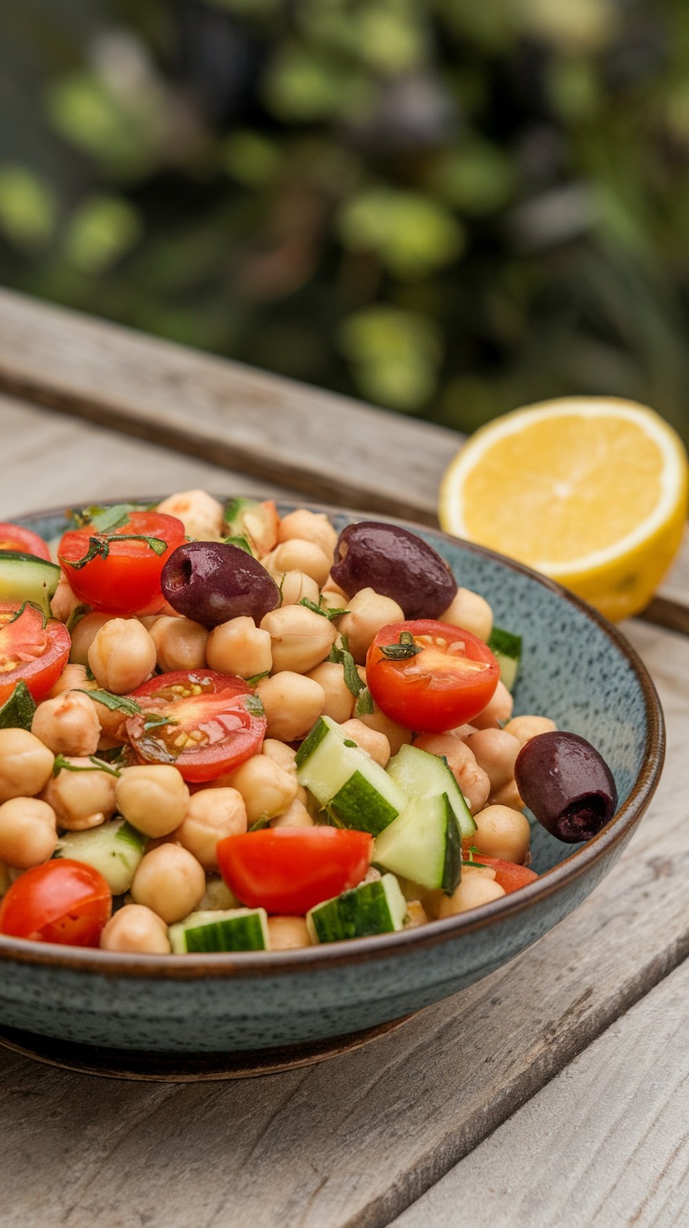 A bowl of Mediterranean Chickpea Salad with cherry tomatoes, cucumbers, and olives, with a lemon slice on the side.