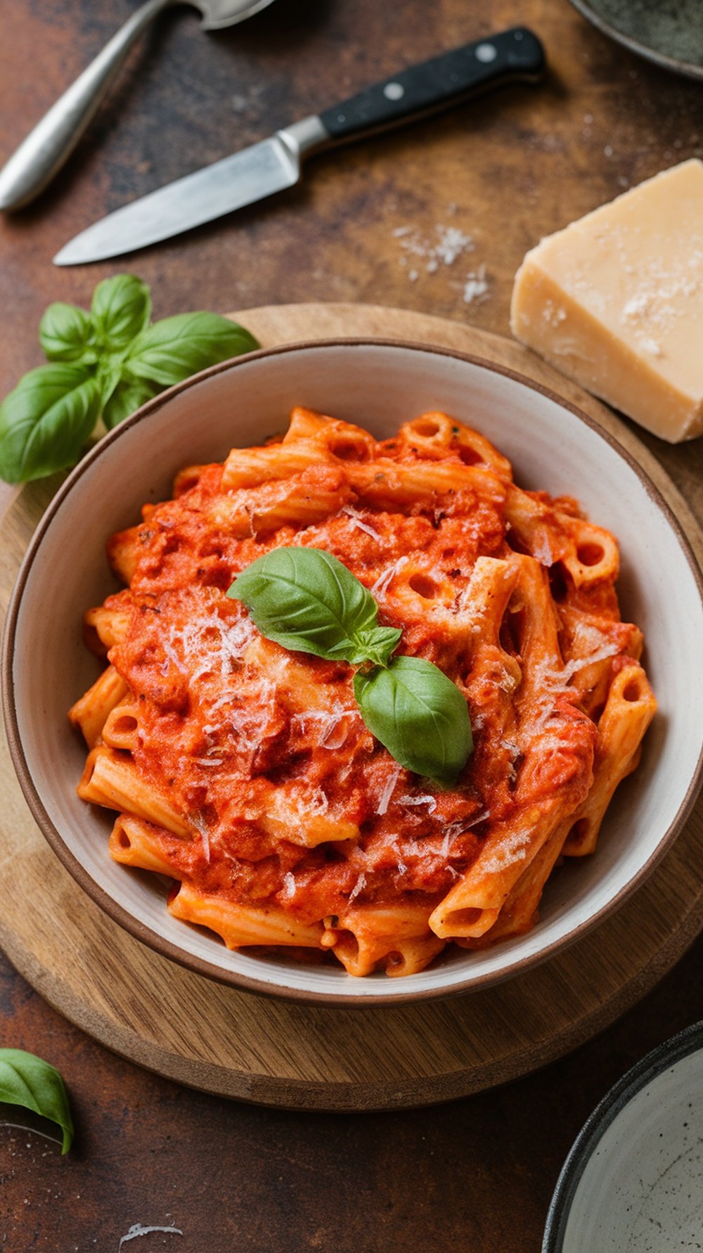 A bowl of creamy tomato basil pasta garnished with fresh basil leaves.