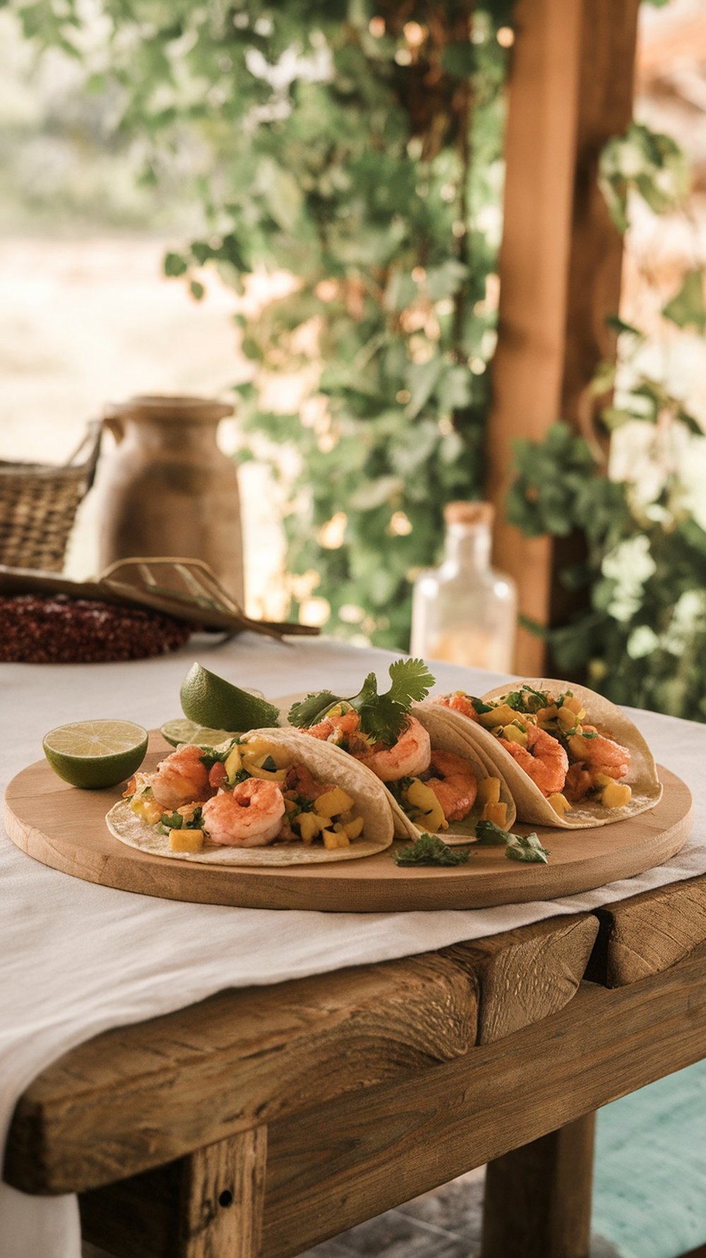 Grilled shrimp tacos with mango salsa on a wooden platter, garnished with lime and cilantro.