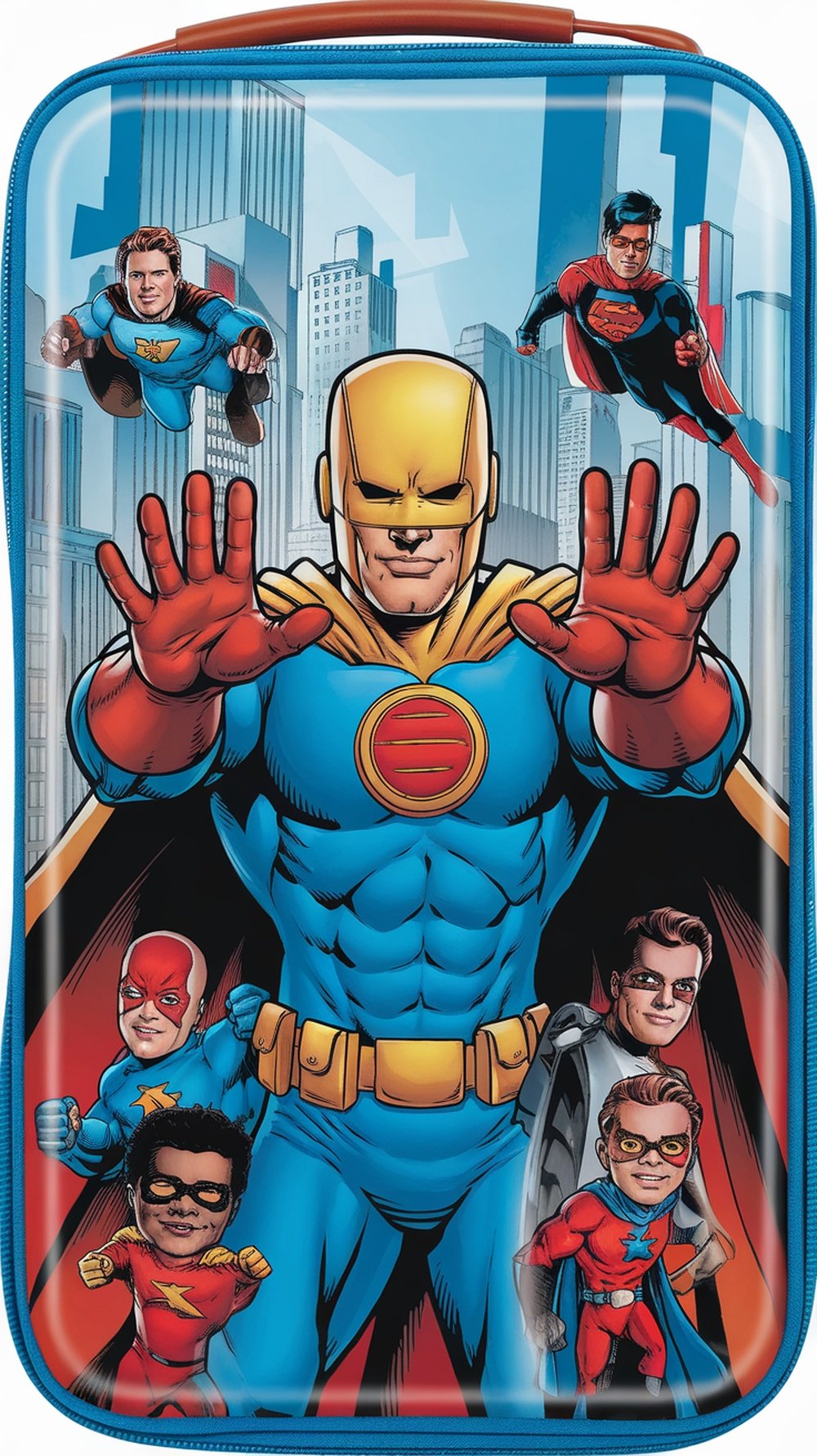A superhero-themed lunchbox featuring various comic book characters.