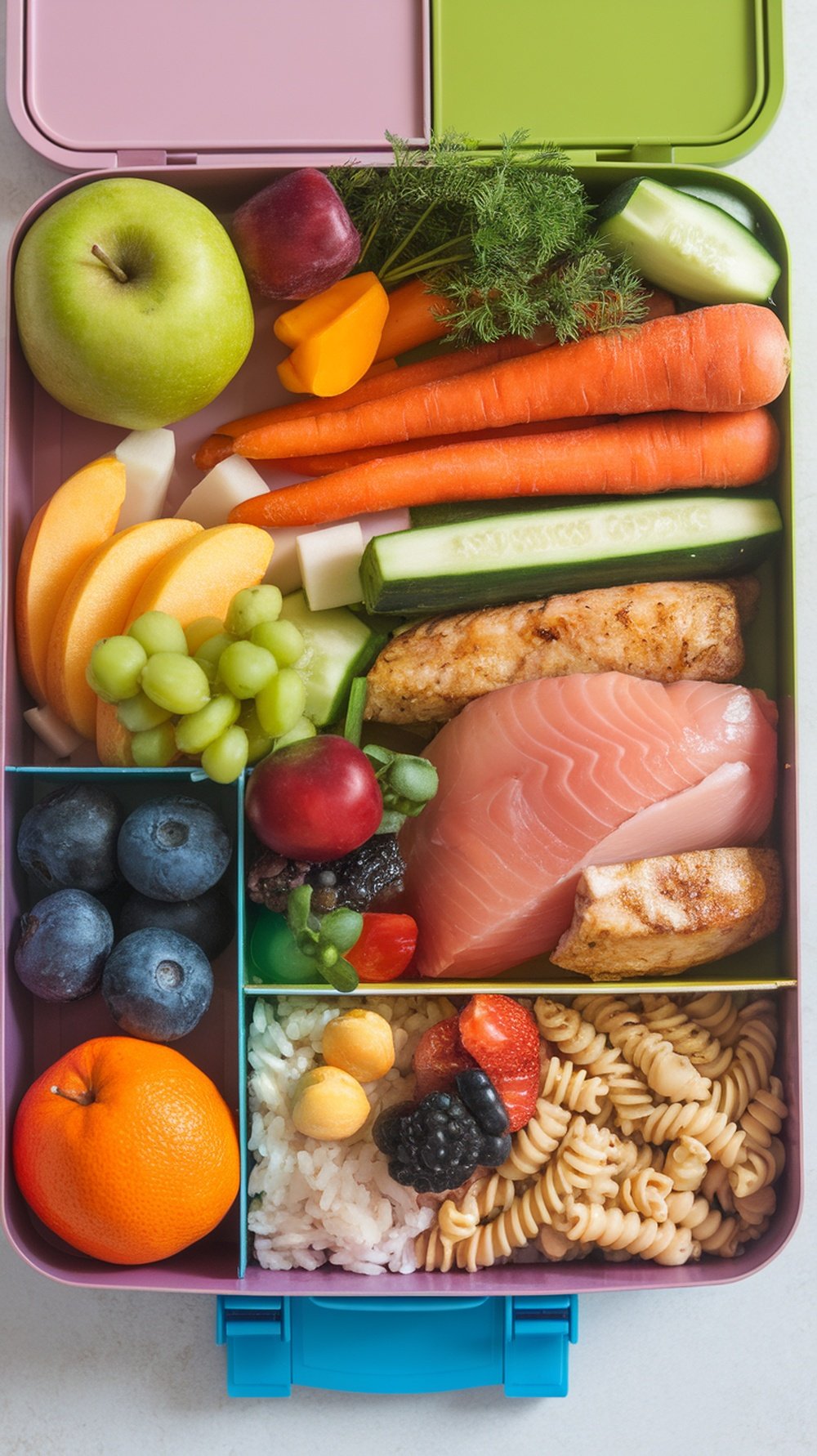 A colorful lunchbox filled with fruits, vegetables, protein, and carbohydrates.