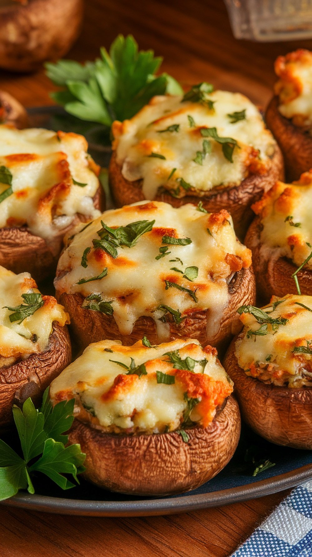A plate of air fryer stuffed mushrooms topped with melted cheese and parsley.