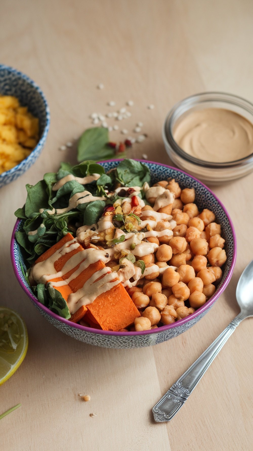 A colorful Buddha bowl with sweet potatoes, chickpeas, greens, and tahini dressing.