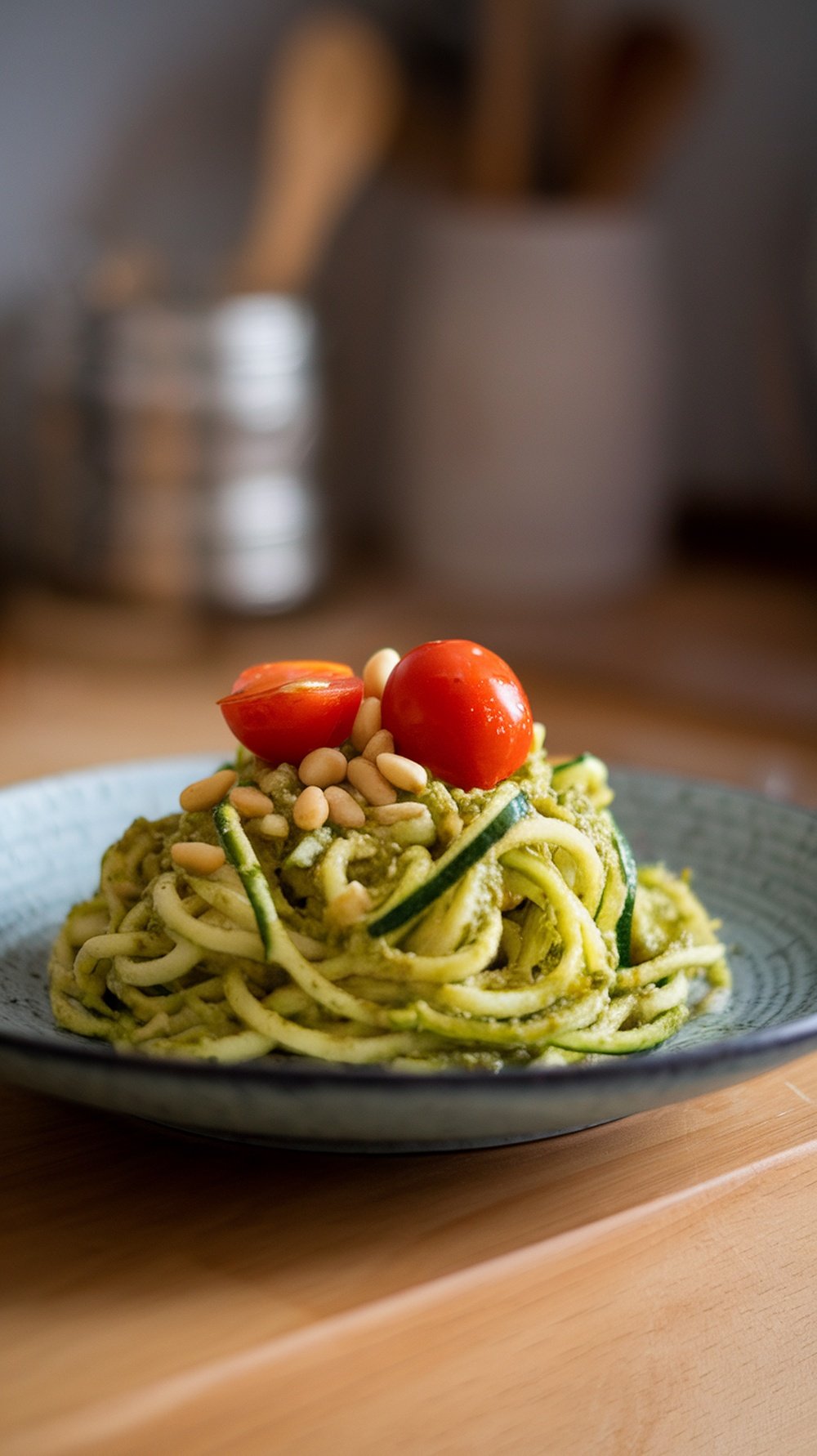 A plate of zucchini noodles topped with pesto, cherry tomatoes, and pine nuts.