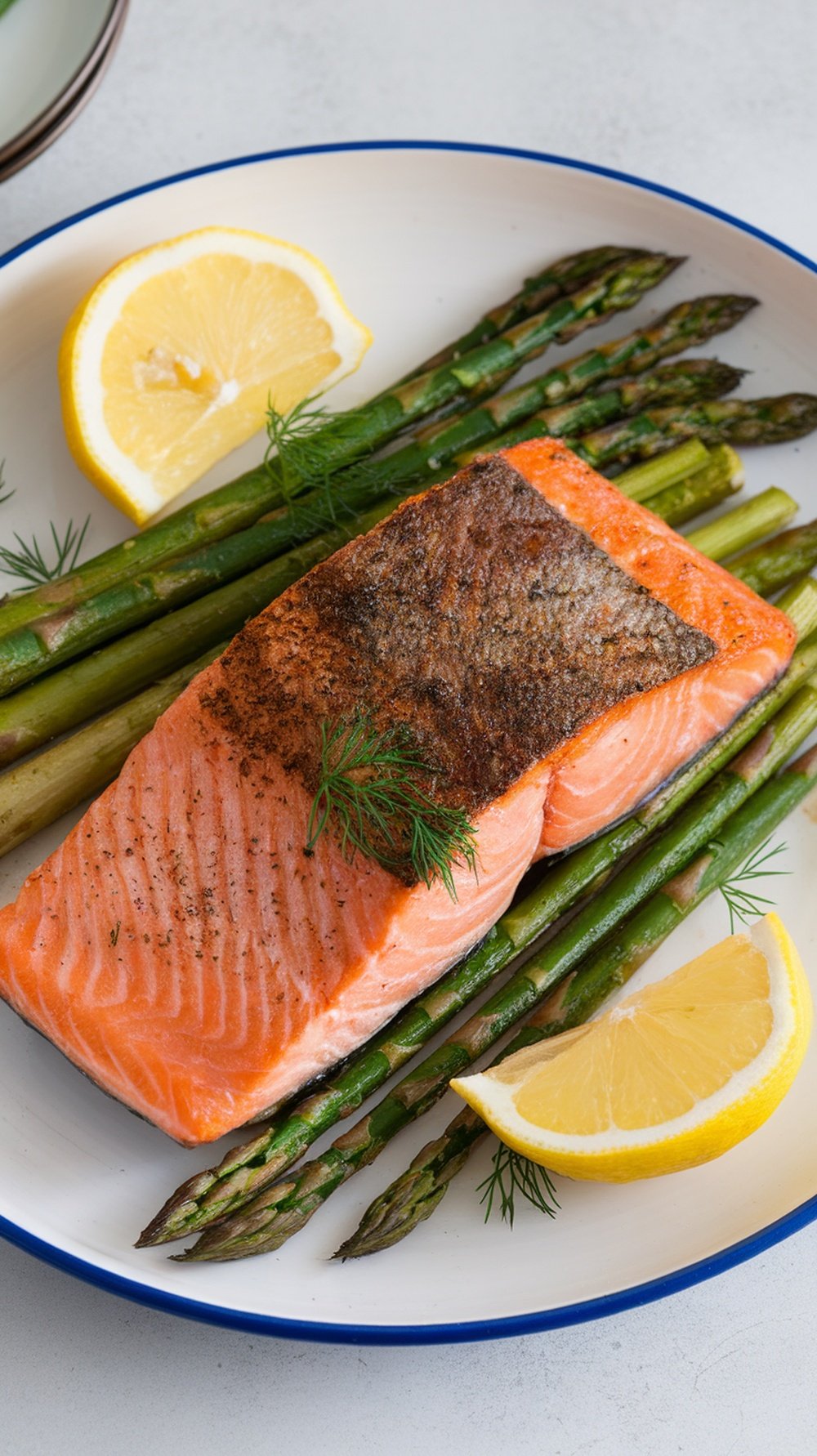 Oven-baked salmon fillet served with asparagus and lemon slices on a plate.
