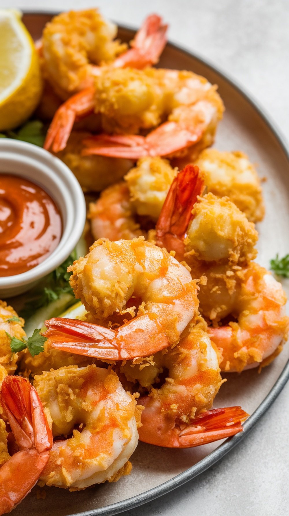 Crispy coconut shrimp served with dipping sauce and lemon