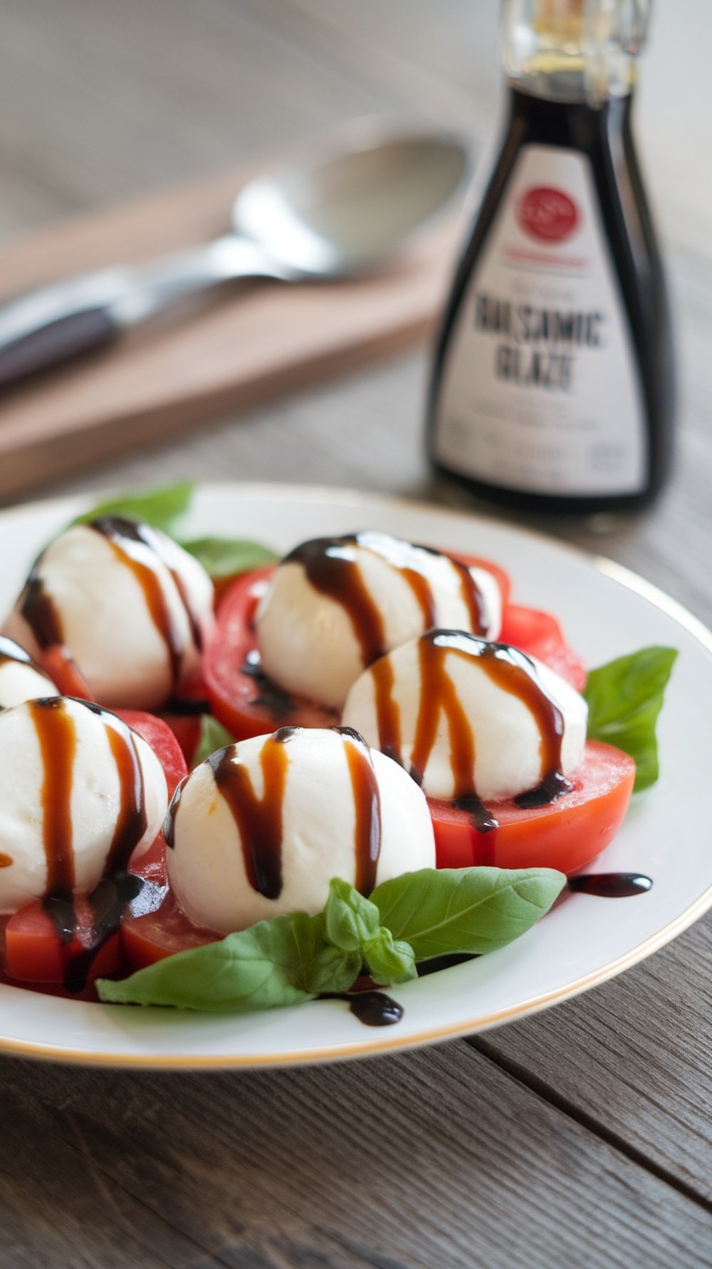 A plate of Caprese salad with tomatoes, mozzarella, basil, and balsamic glaze.