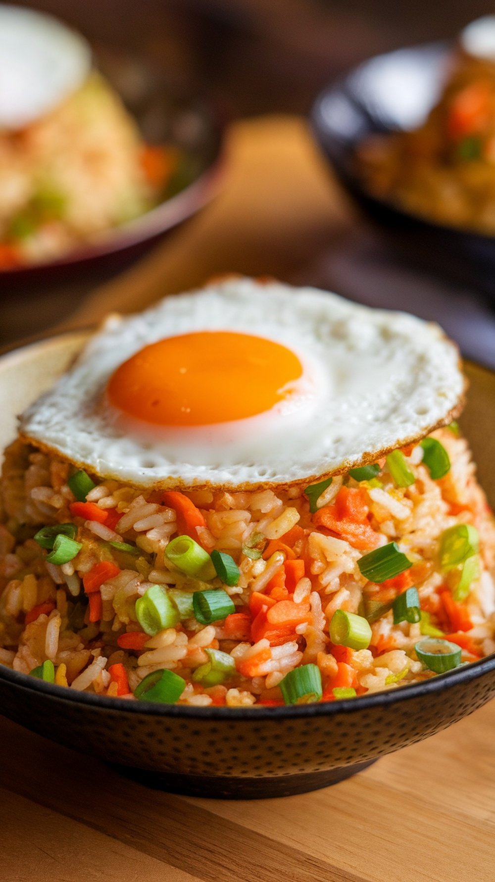 A bowl of vegetable fried rice topped with a sunny-side-up egg, featuring colorful carrots and green onions.