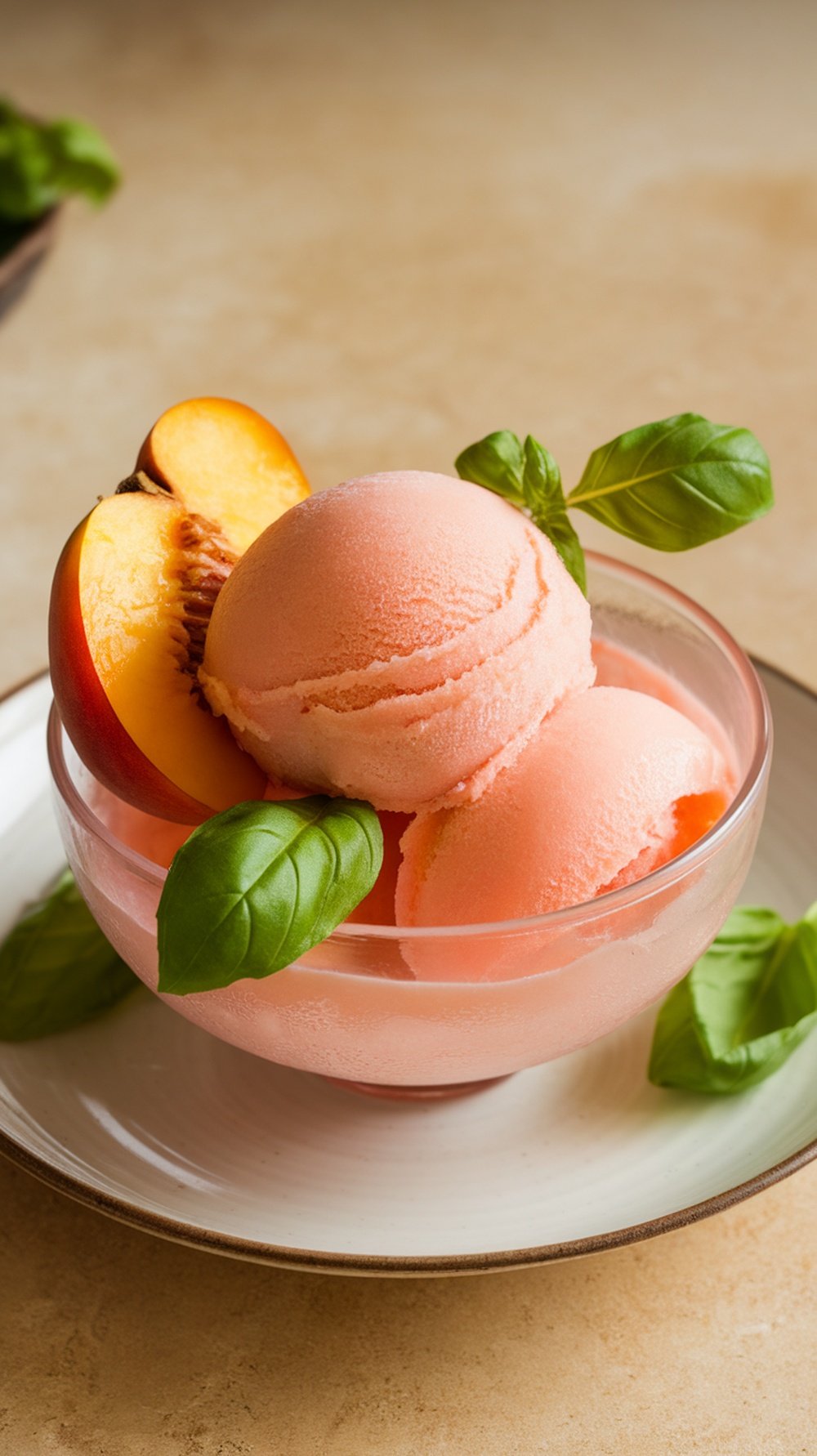 A bowl of peach sorbet topped with a slice of peach and fresh basil leaves.