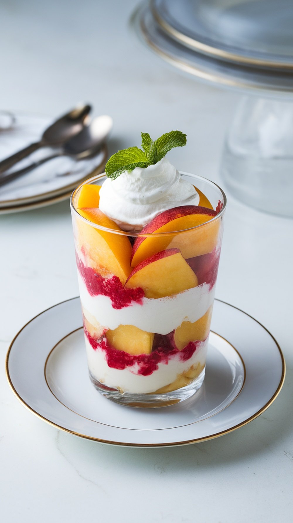 A Peach Melba Parfait in a glass, layered with peach slices, raspberry sauce, and whipped cream, topped with a mint leaf.