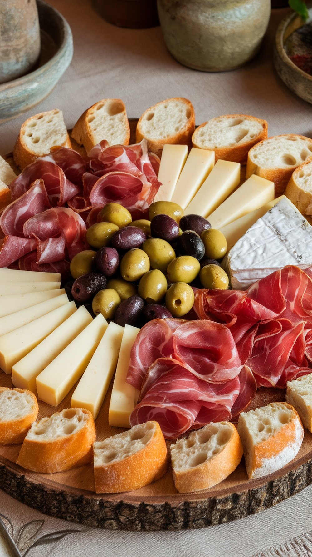 A beautifully arranged platter of Italian antipasto with cured meats, cheeses, olives, and bread.