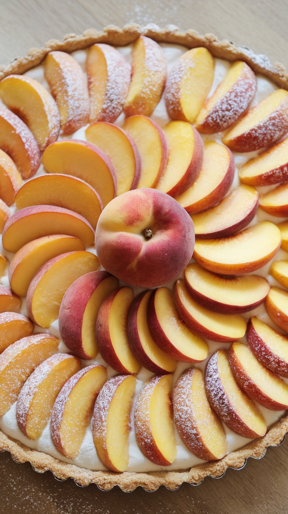 A beautifully arranged peach tart with almond cream, featuring slices of fresh peaches and a dusting of powdered sugar.