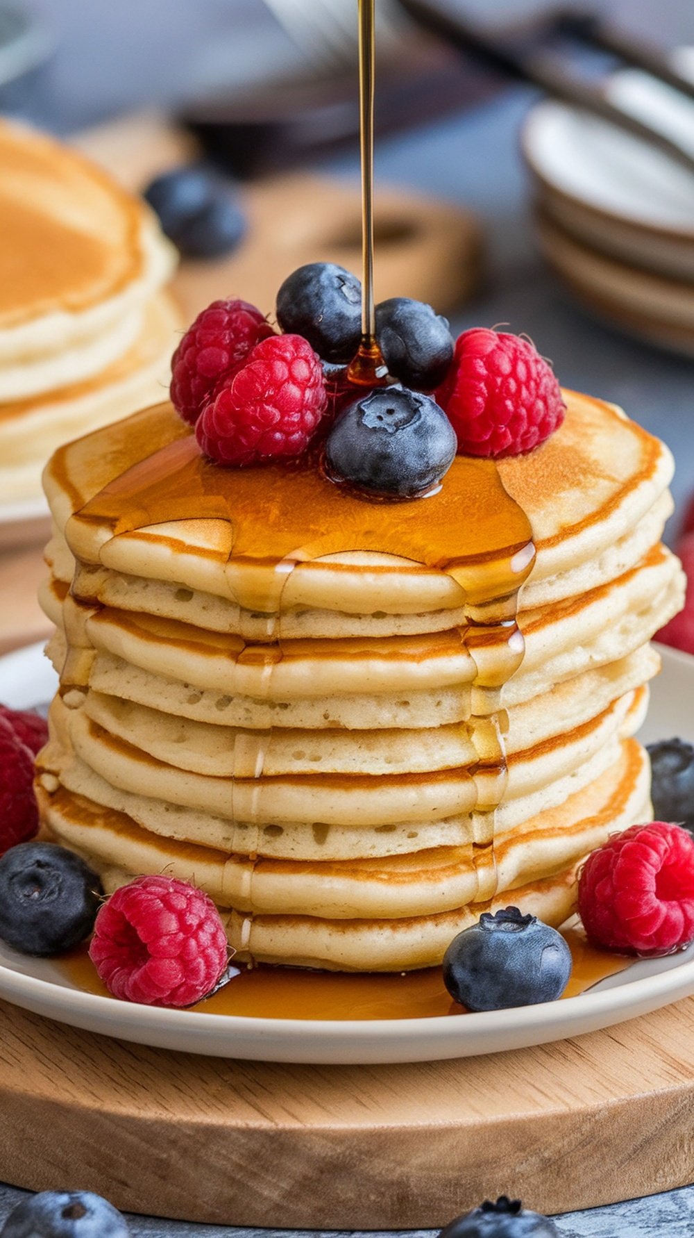 A stack of fluffy pancakes topped with syrup and fresh berries