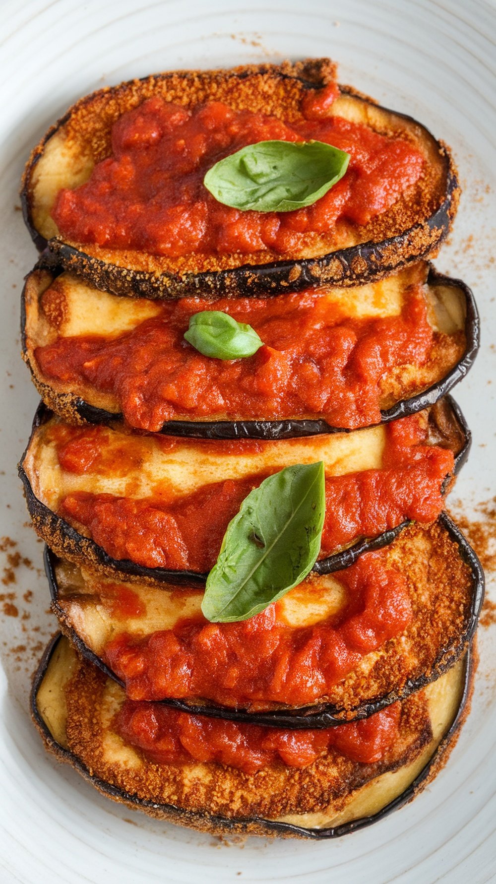 Air Fryer Eggplant Parmesan with marinara sauce and basil