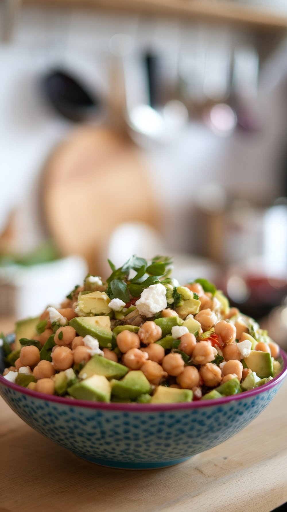 A colorful bowl of chickpea and avocado salad with diced vegetables and herbs.