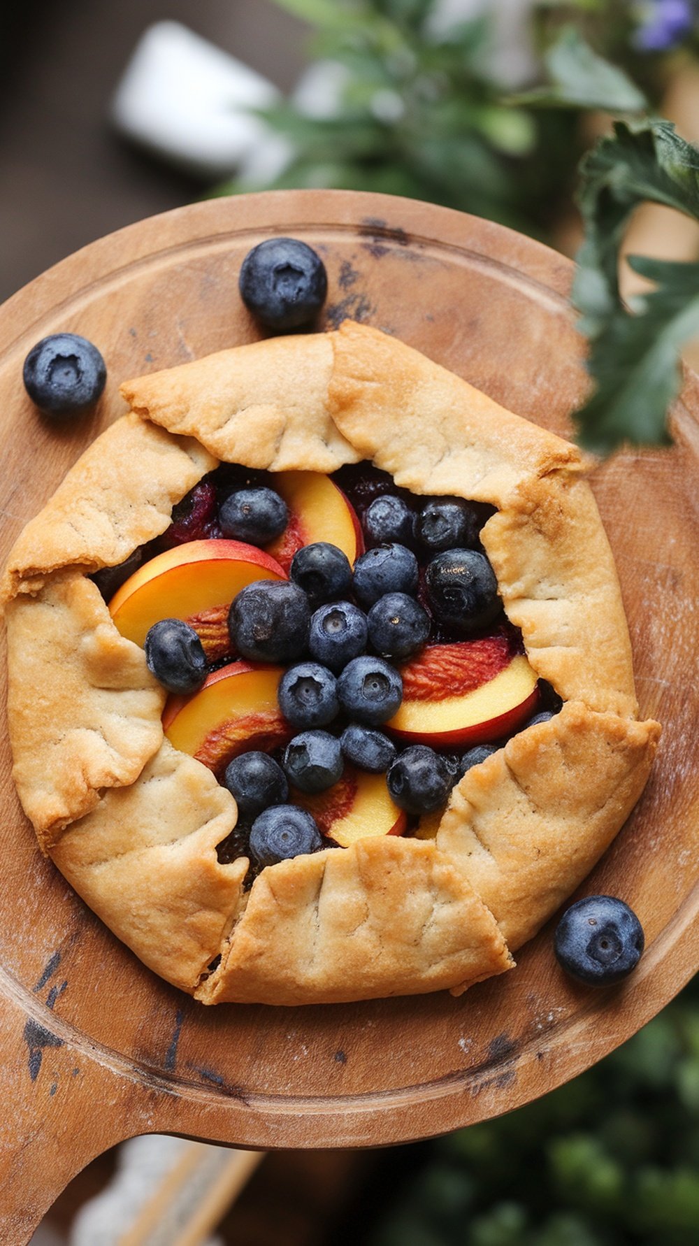 A rustic peach and blueberry galette on a wooden board, showcasing golden crust and vibrant fruit filling.