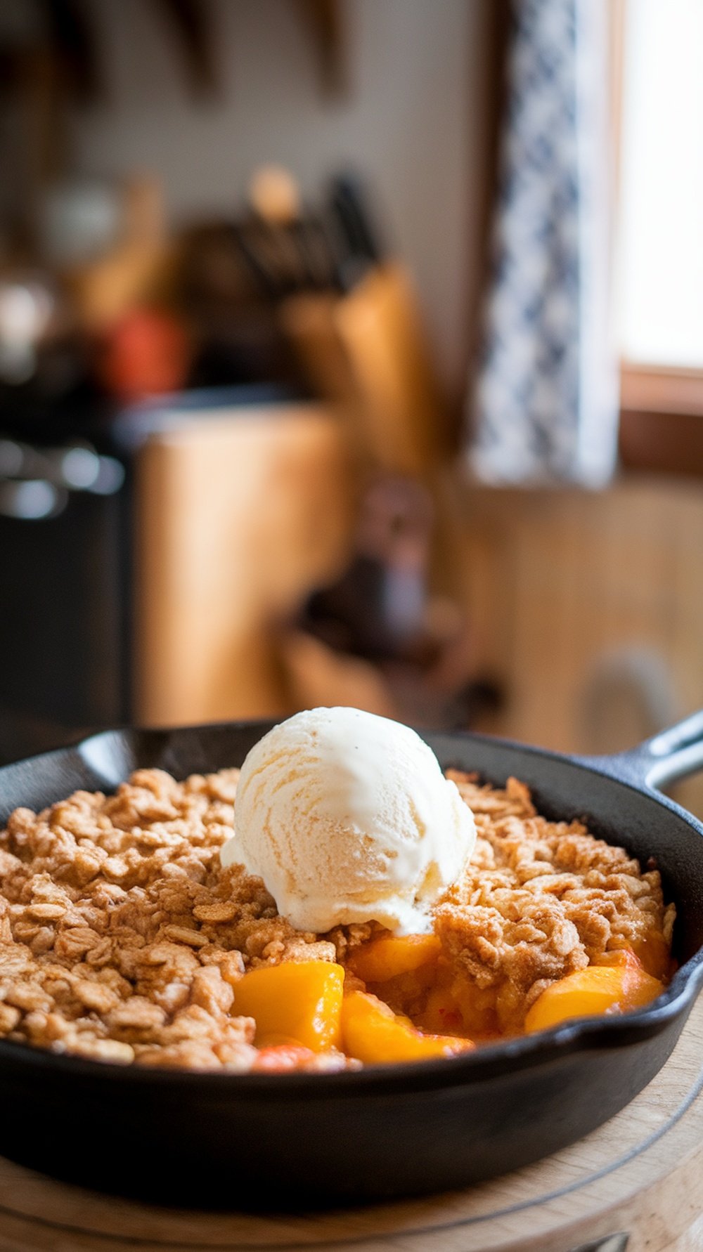 A delicious peach crumble with oat topping served in a skillet, topped with a scoop of vanilla ice cream.