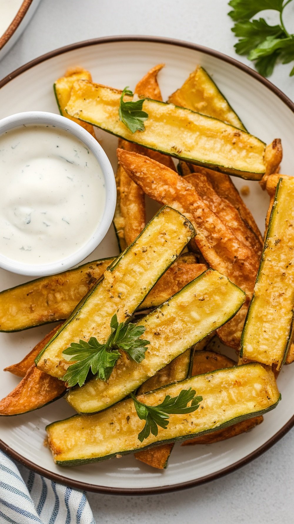 A plate of crispy zucchini fries served with a creamy dipping sauce, garnished with fresh parsley.