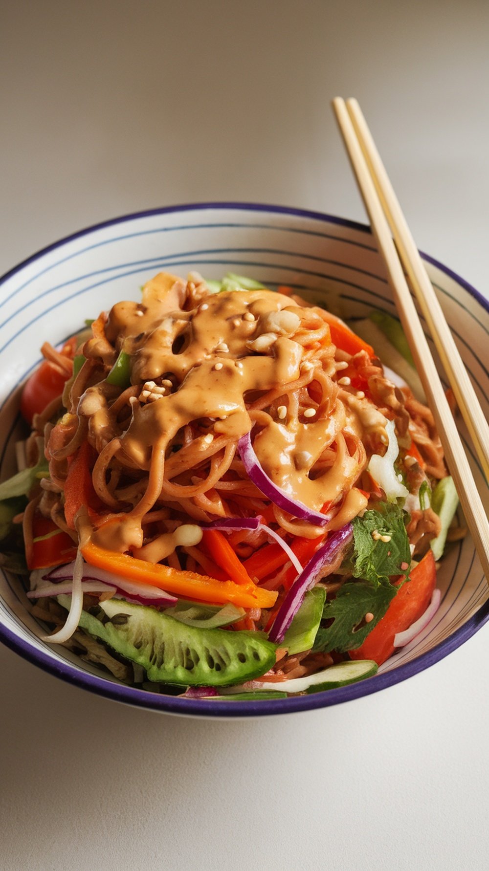 A bowl of Asian Noodle Salad topped with peanut dressing, featuring colorful vegetables and noodles.