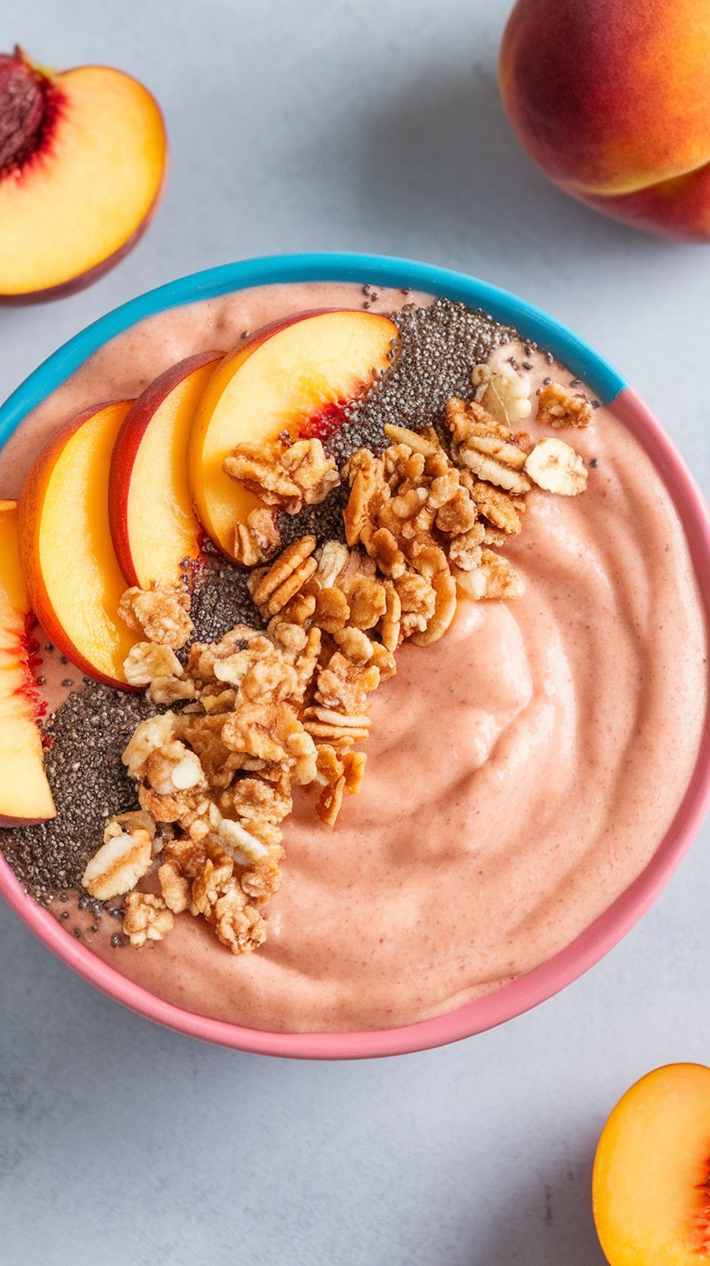 A peach smoothie bowl topped with peach slices, granola, and chia seeds.