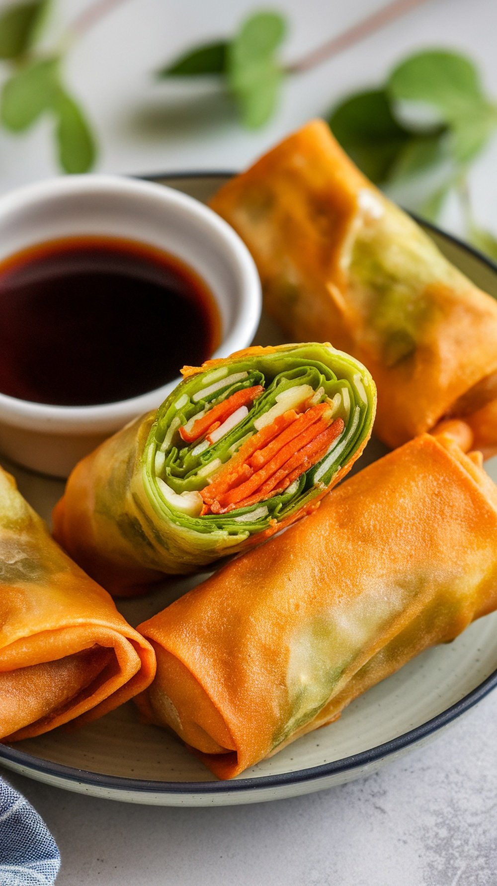 A plate of vegetable spring rolls with a small bowl of dipping sauce.