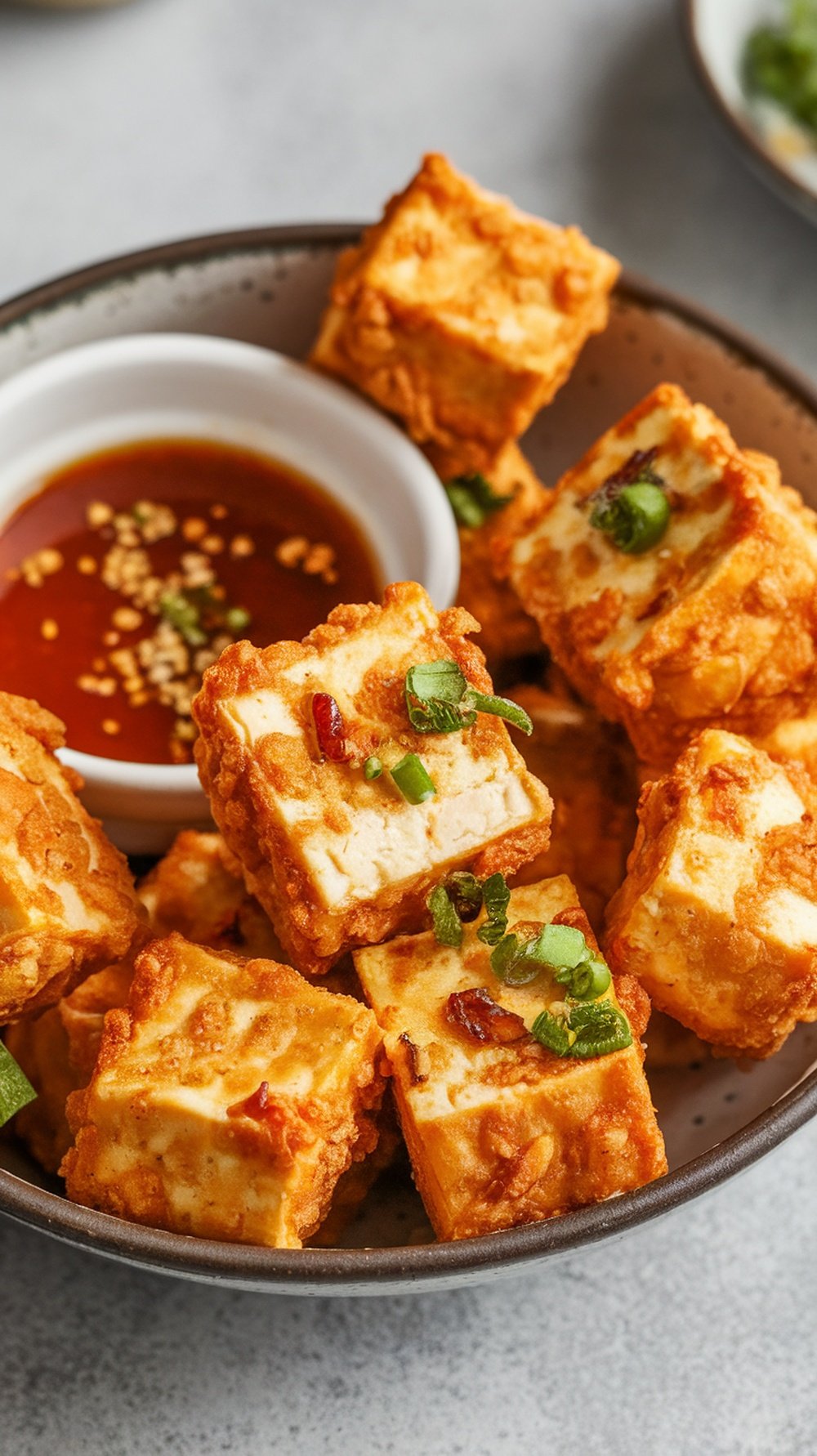 Bowl of crispy tofu bites with dipping sauce and green onions