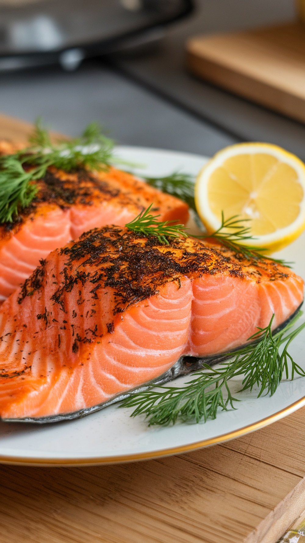 Cooked salmon fillets garnished with dill and lemon on a plate