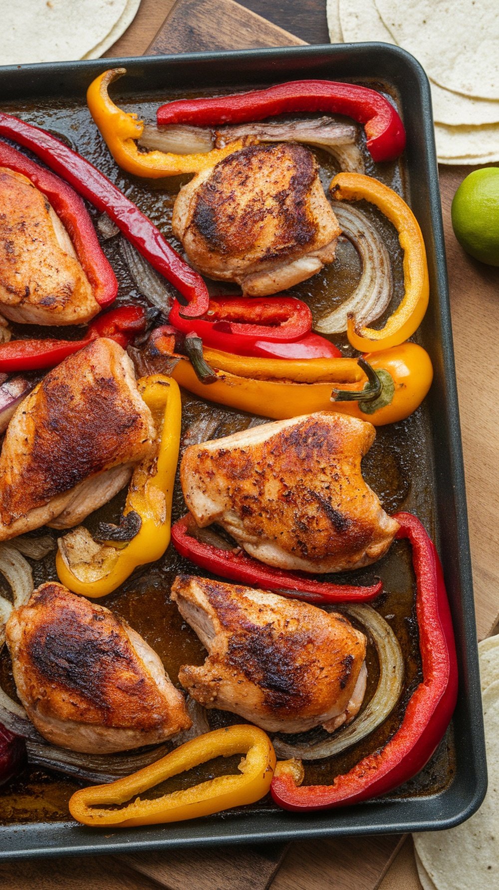 A sheet pan filled with roasted chicken thighs, colorful bell peppers, and onions, ready to be served with tortillas.