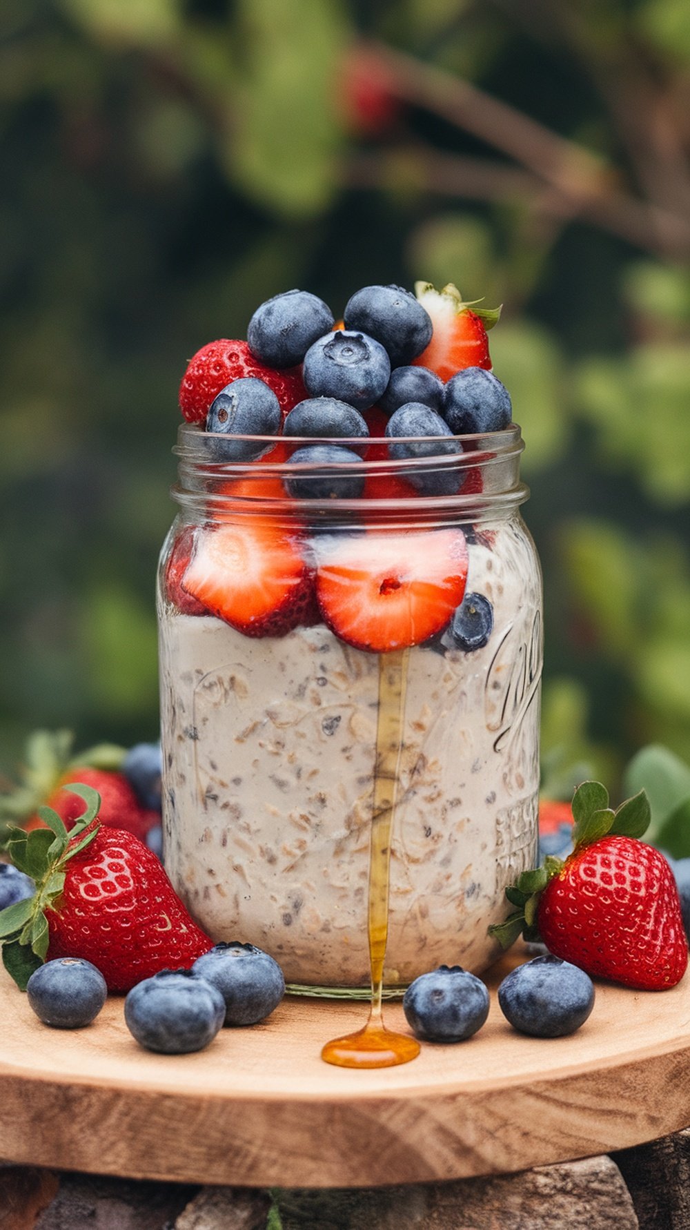 A jar of overnight oats topped with fresh strawberries and blueberries, with honey drizzling down.