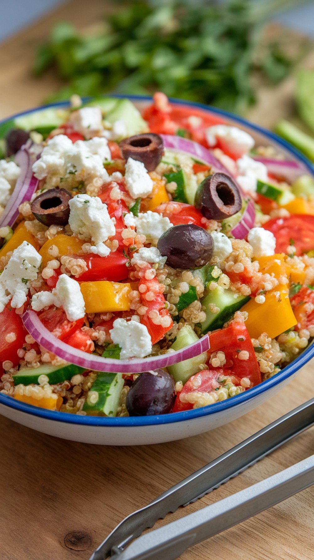 A bowl of Mediterranean Quinoa Salad with colorful vegetables and feta cheese