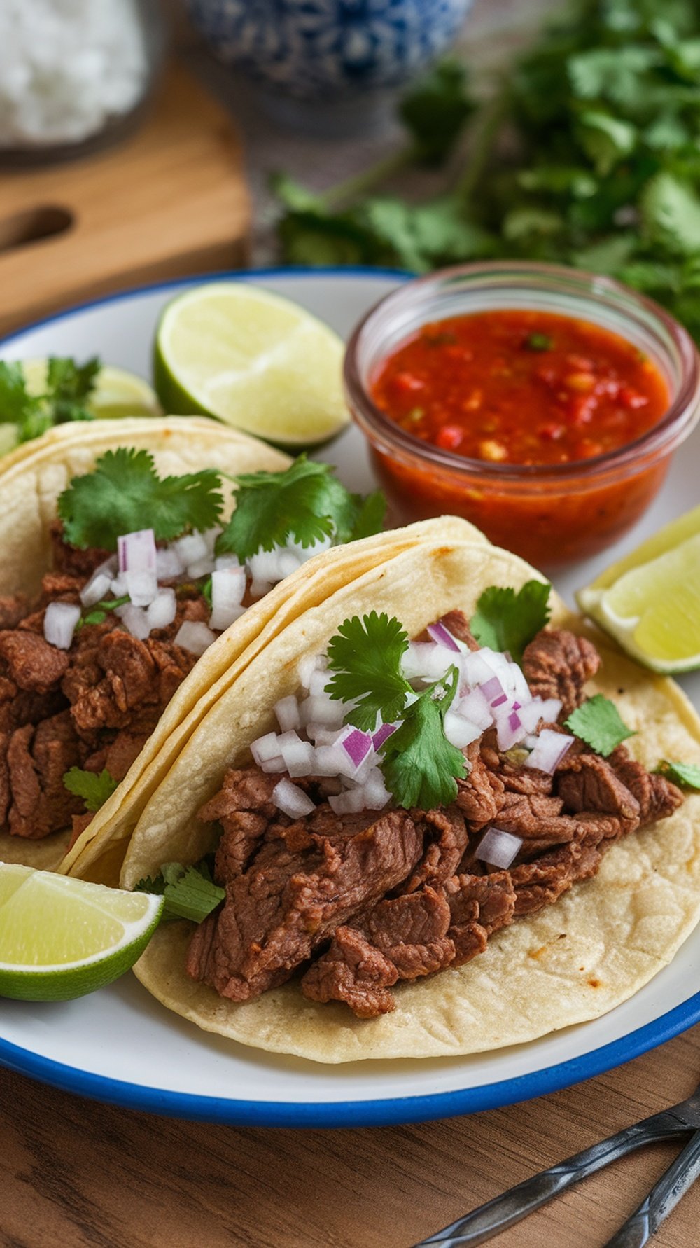 Two beef tacos topped with onions and cilantro, served with lime and salsa.