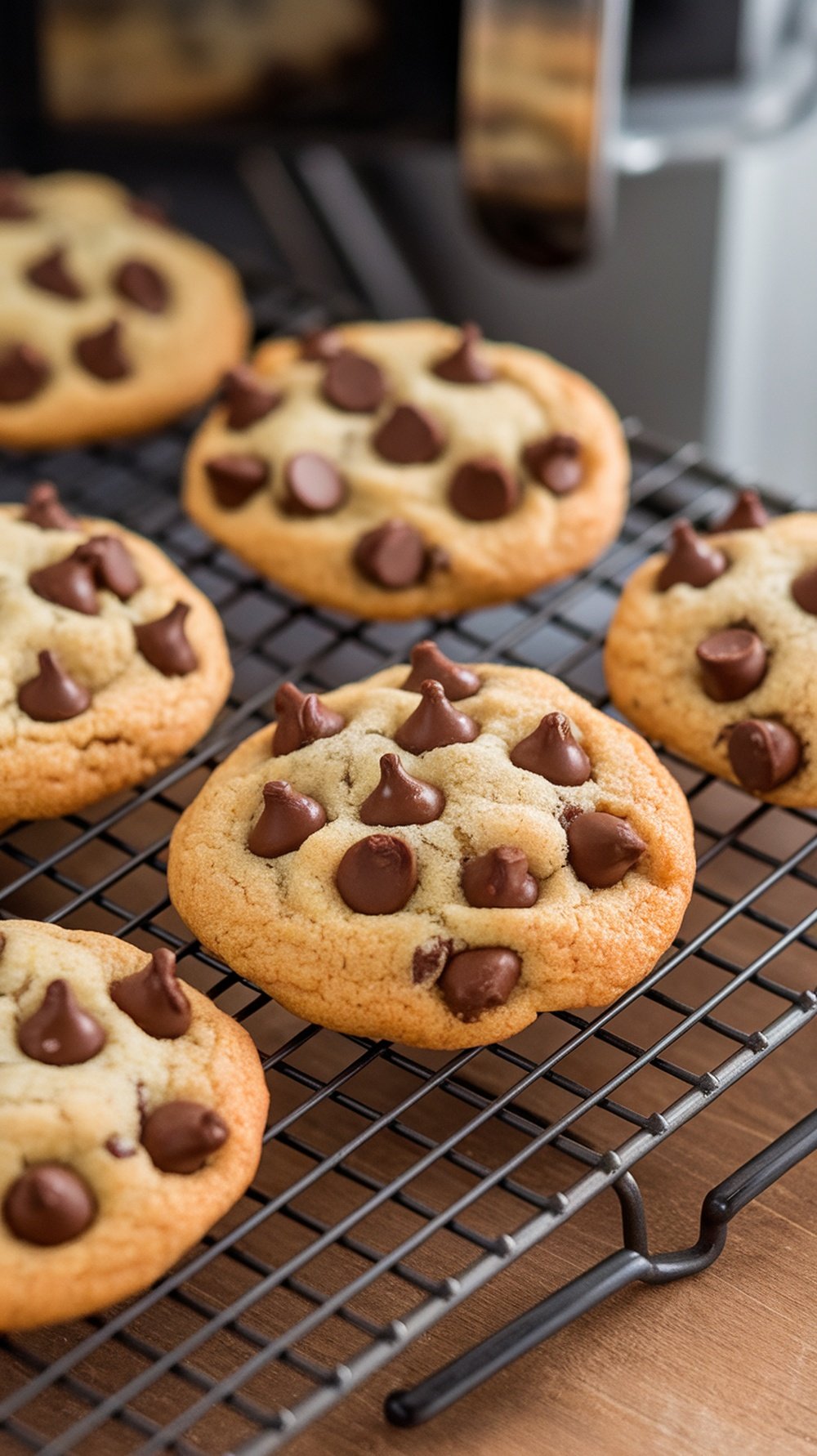Freshly baked chocolate chip cookies cooling on a rack