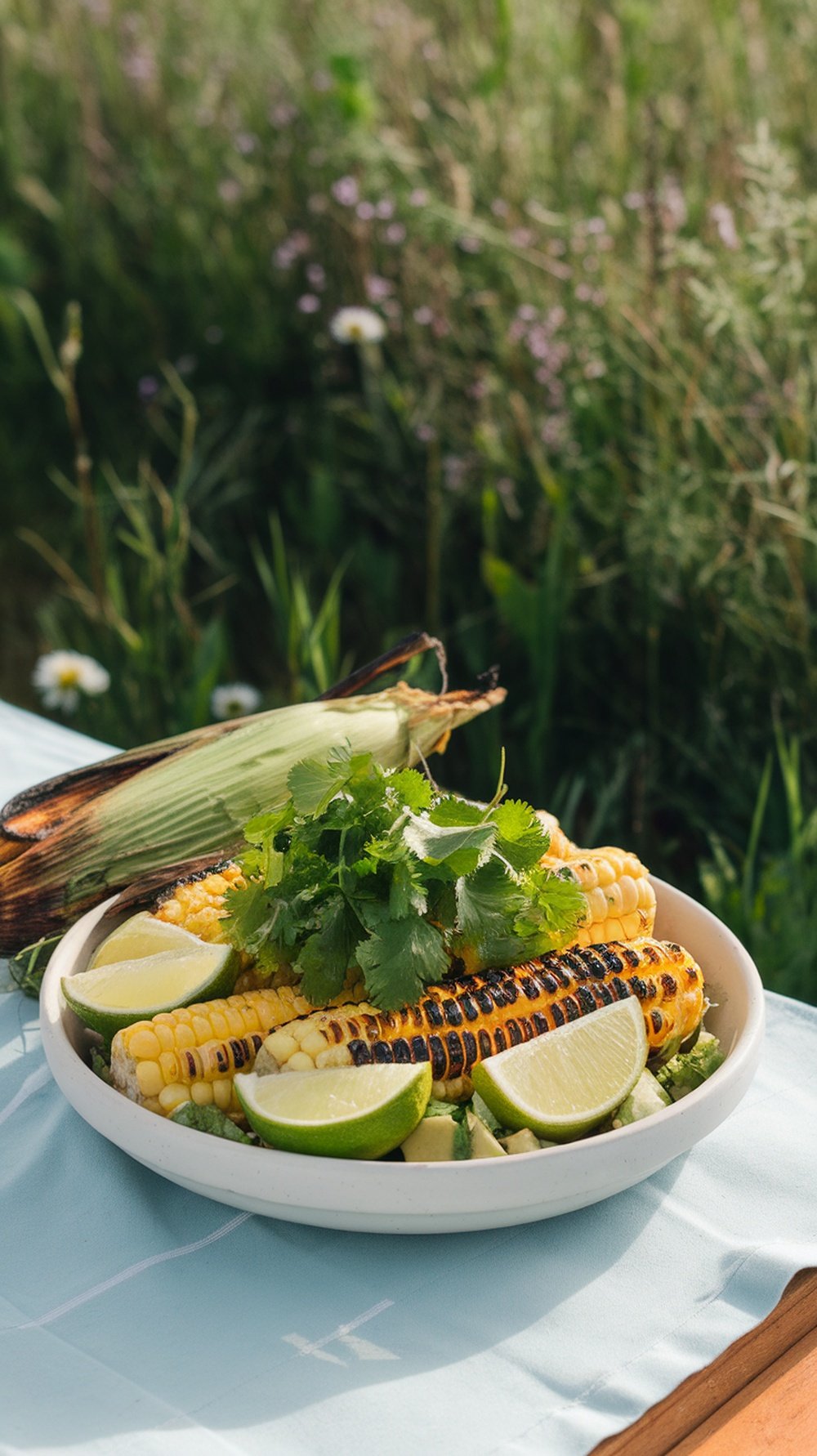 A bowl of grilled corn and avocado salad with lime wedges and cilantro on a light blue tablecloth, surrounded by greenery.