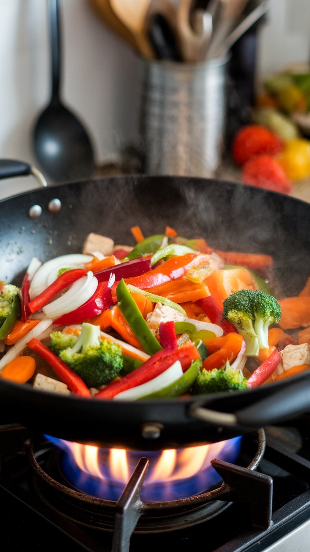 A colorful veggie stir-fry with bell peppers, broccoli, and carrots cooking in a pan.
