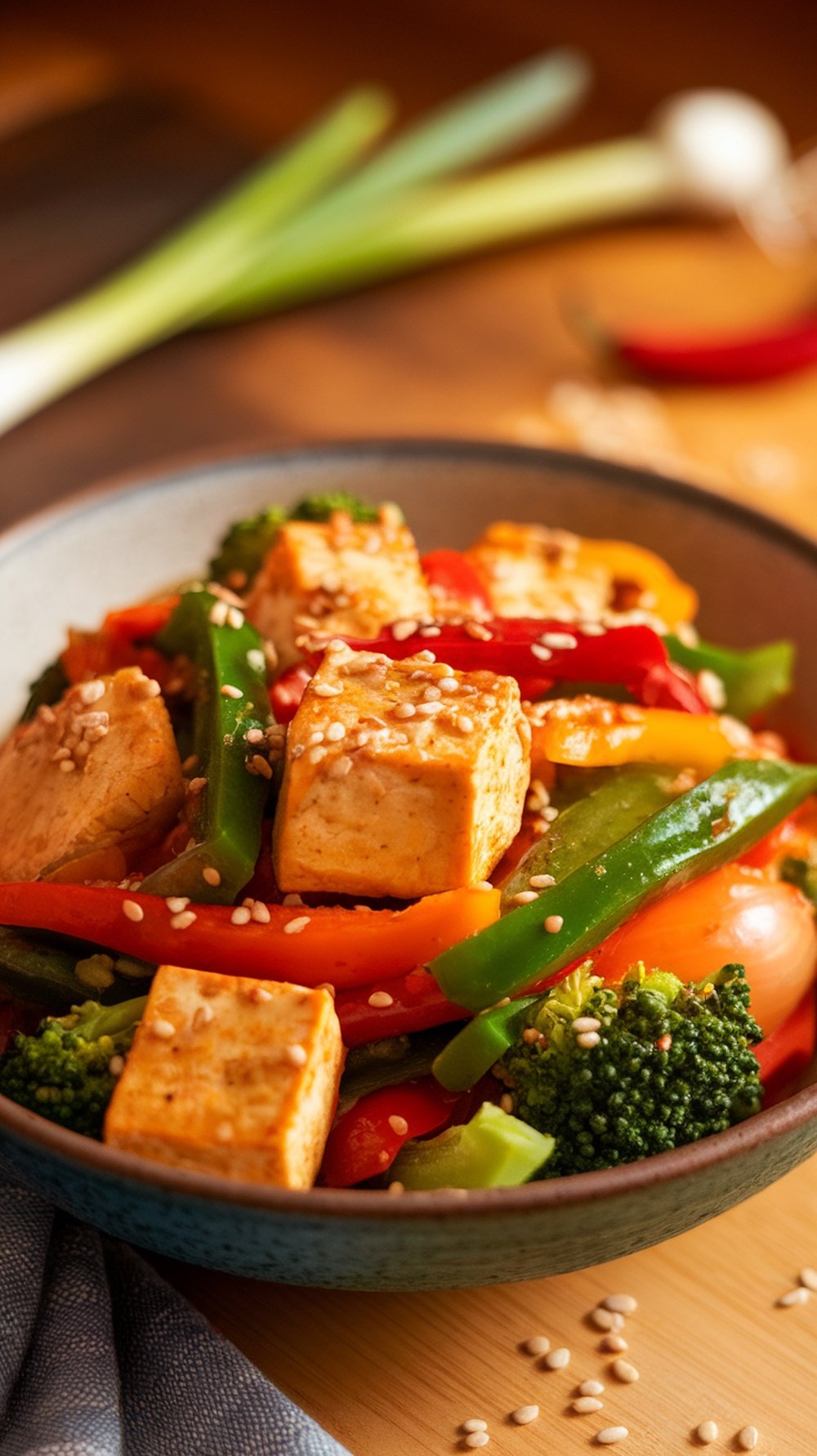 A colorful vegetable stir-fry with tofu, featuring bell peppers, broccoli, and sesame seeds in a bowl.
