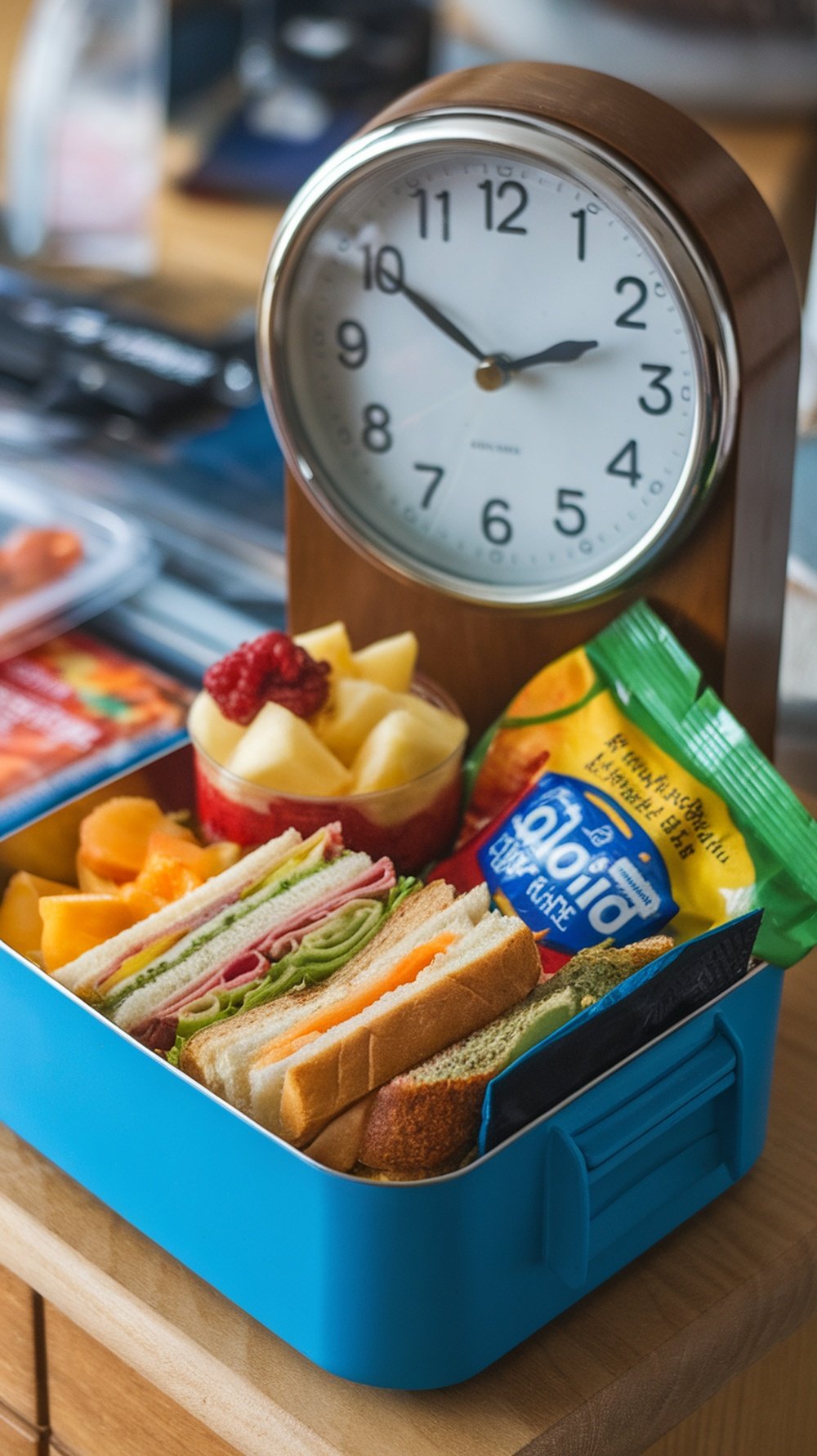 A blue lunchbox filled with sandwiches, fruits, and a snack, next to a clock.