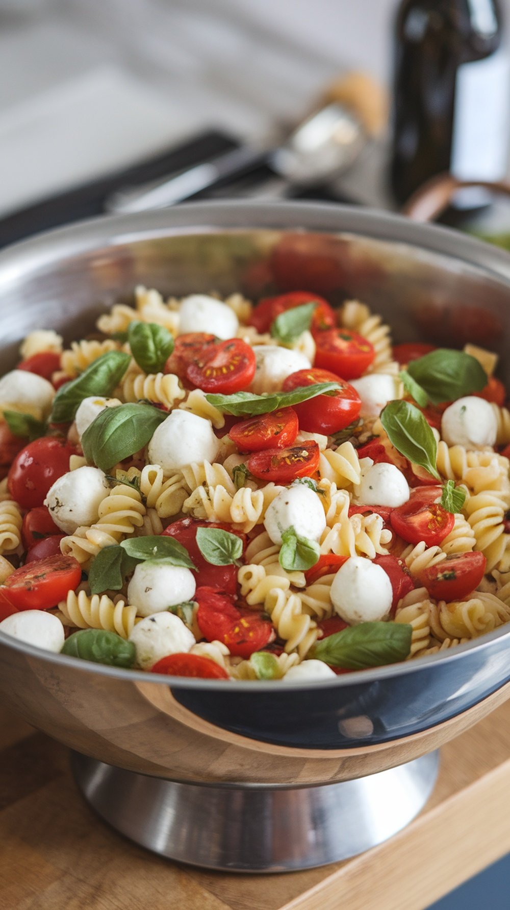 A bowl of pasta salad with cherry tomatoes, mozzarella balls, and fresh basil.