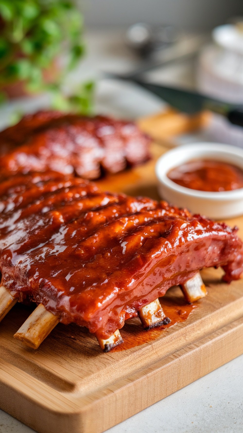 Delicious BBQ pork ribs on a wooden cutting board with a bowl of barbecue sauce