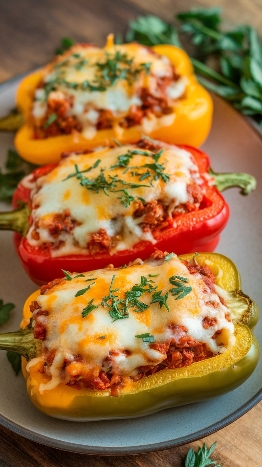 Three stuffed bell peppers in red, yellow, and green, topped with melted cheese and garnished with herbs.