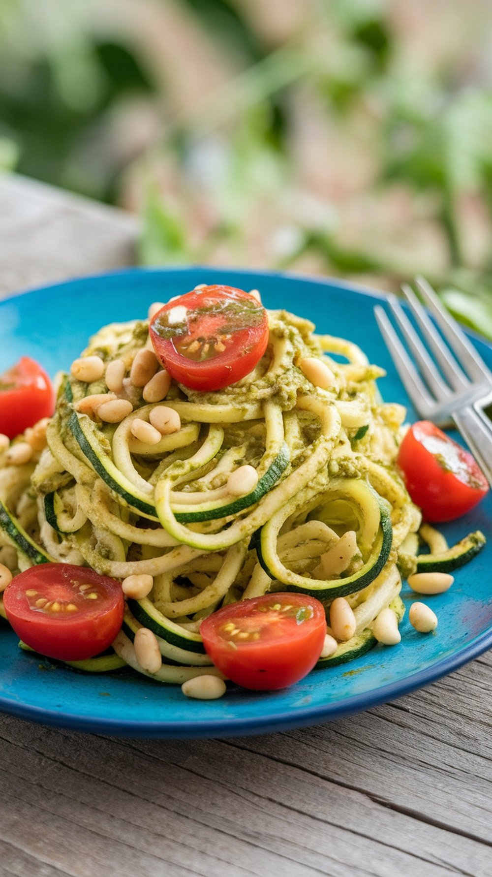 A plate of zucchini noodles with pesto, topped with cherry tomatoes and pine nuts.