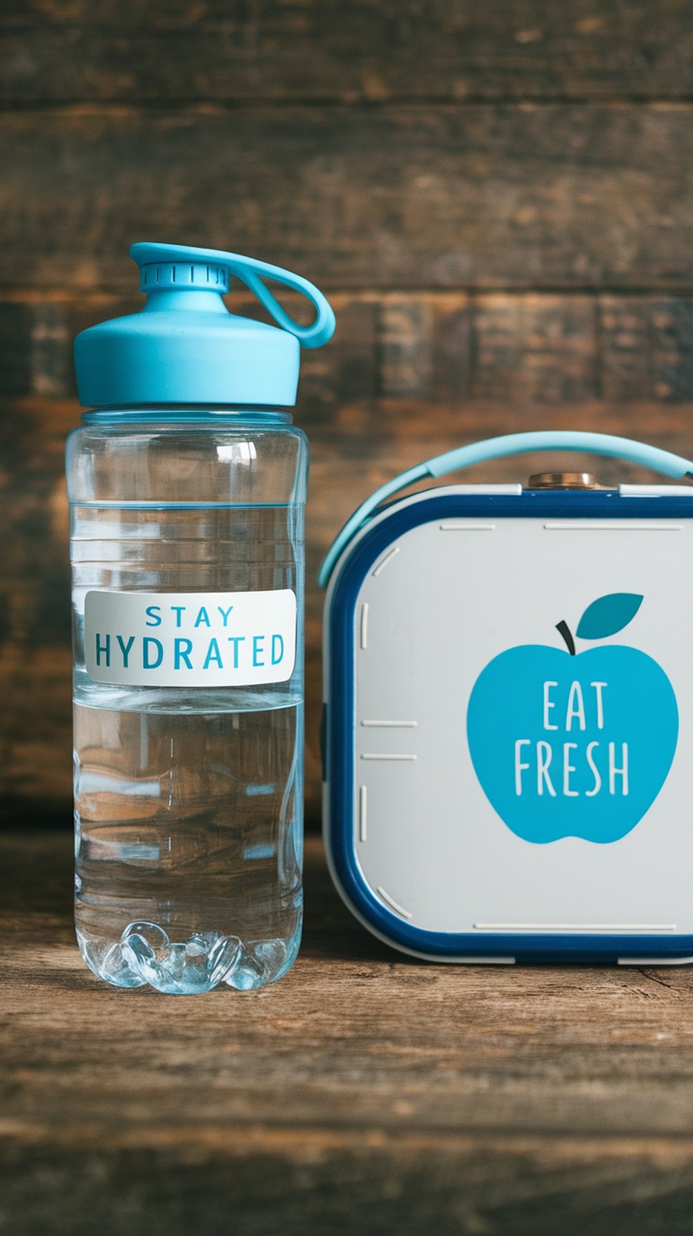A blue water bottle labeled 'STAY HYDRATED' next to a lunchbox that says 'EAT FRESH'.