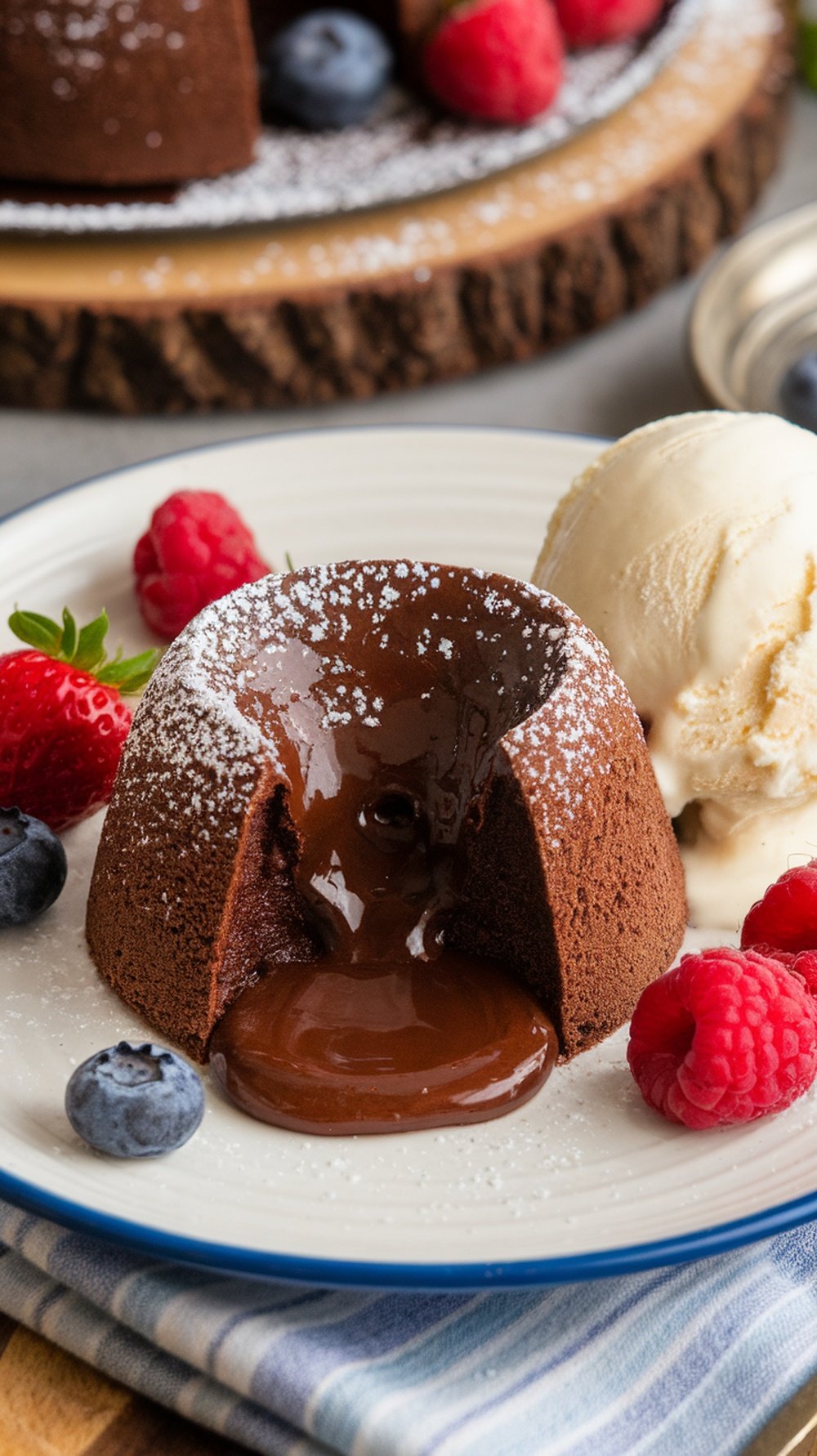 A delicious air fryer chocolate lava cake with a gooey center, served with ice cream and fresh berries.