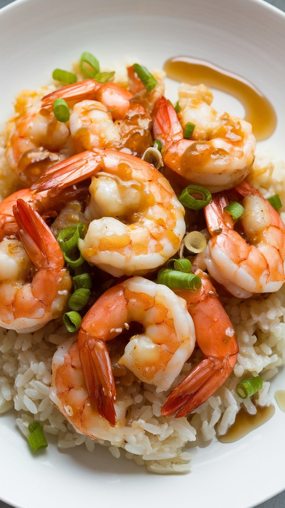 A plate of honey garlic shrimp served over rice, garnished with green onions.