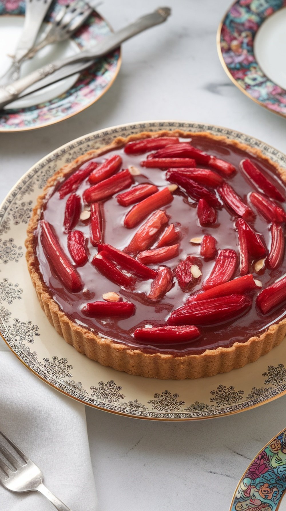 A beautifully presented Rhubarb and Almond Tart with vibrant red rhubarb on top, served on an ornate plate.