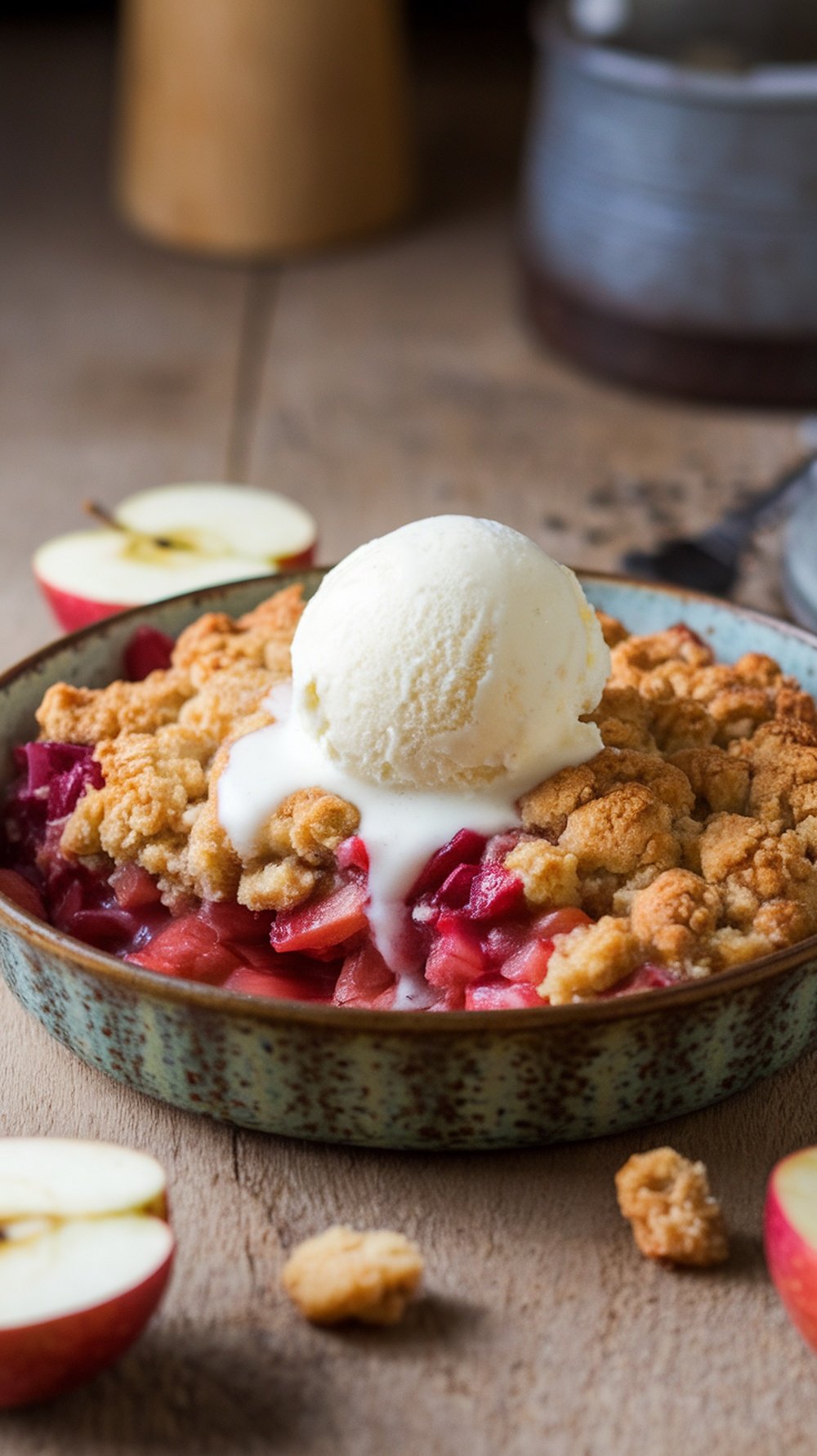 A bowl of rhubarb and apple crumble topped with vanilla ice cream, with fresh apple slices on the side.