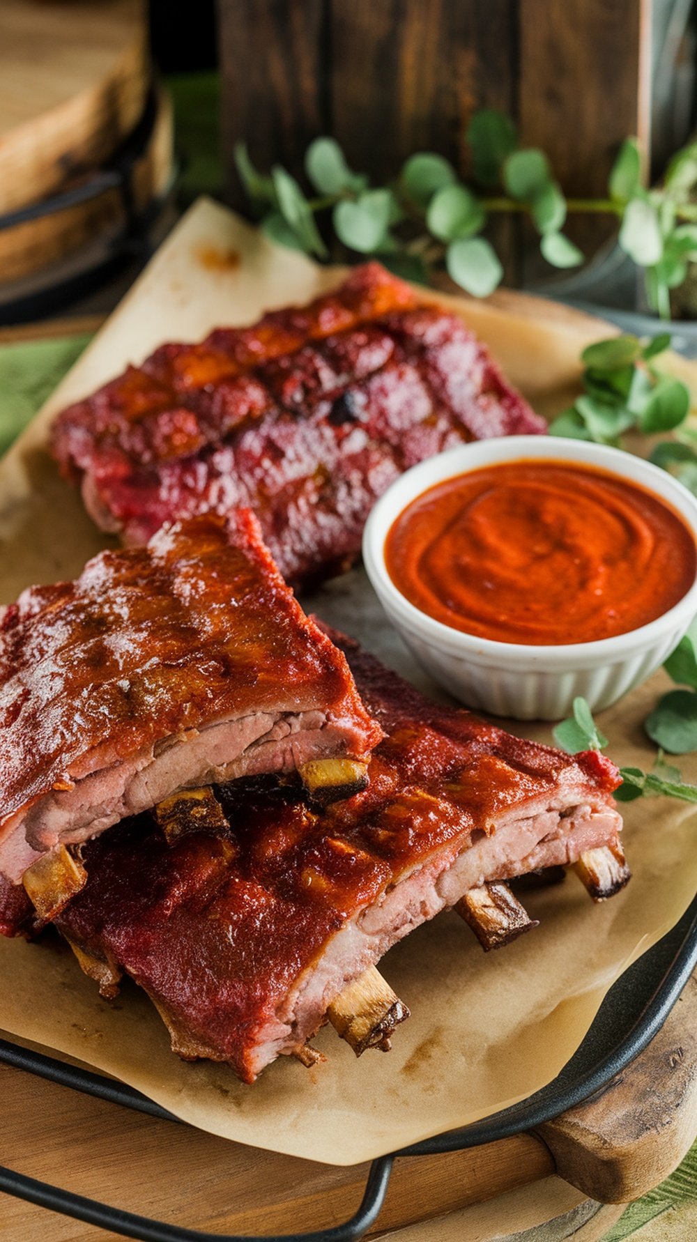 Tender ribs coated in rhubarb BBQ sauce with a small bowl of sauce on the side.